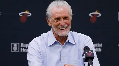 Pat Riley of the Miami Heat addresses the media during the introductory press conference for Jimmy Butler at American Airlines Arena on September 27, 2019.