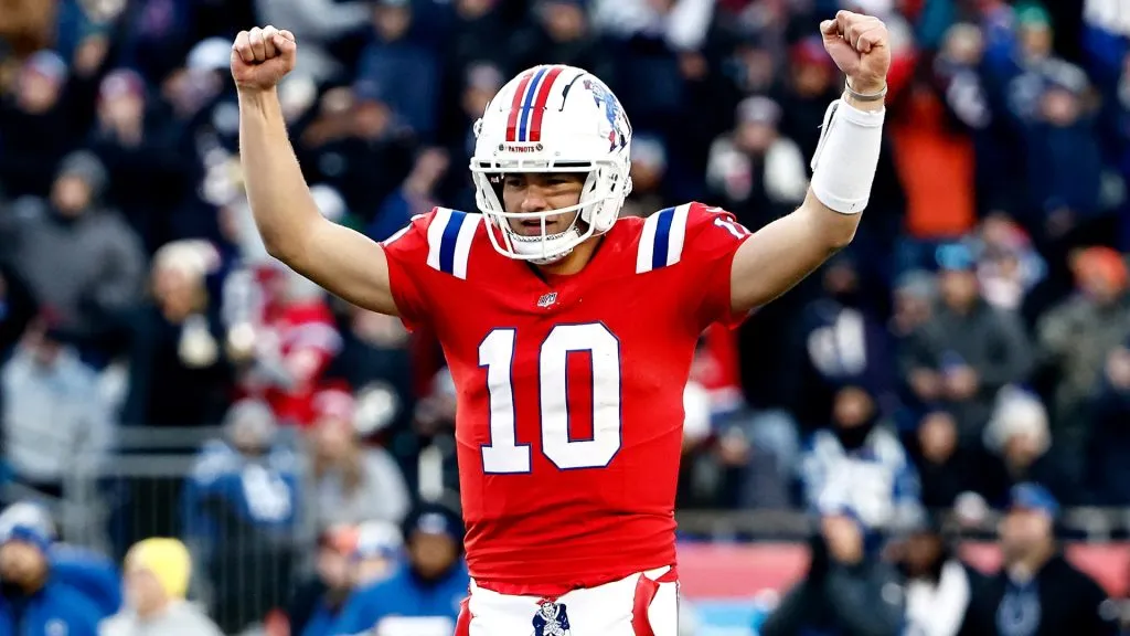 Drake Maye #10 of the New England Patriots reacts after a touchdown in the fourth quarter of a game against the Indianapolis Colts at Gillette Stadium on December 01, 2024. (Source: Winslow Townson/Getty Images)