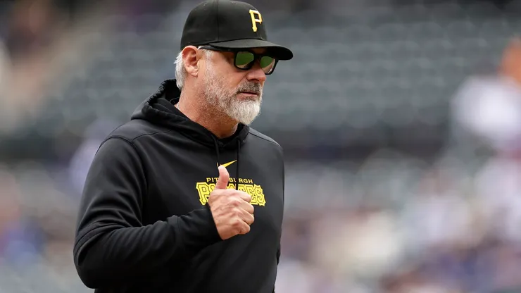 Derek Shelton #17 of the Pittsburgh Pirates reacts walking off the field during the first inning against the New York Mets at Citi Field on April 17, 2024 in New York City.