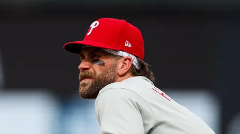 Bryce Harper #3 of the Philadelphia Phillies looks on from the infield during the sixth inning against the Washington Nationals at Nationals Park on March 30, 2025 in Washington, DC.