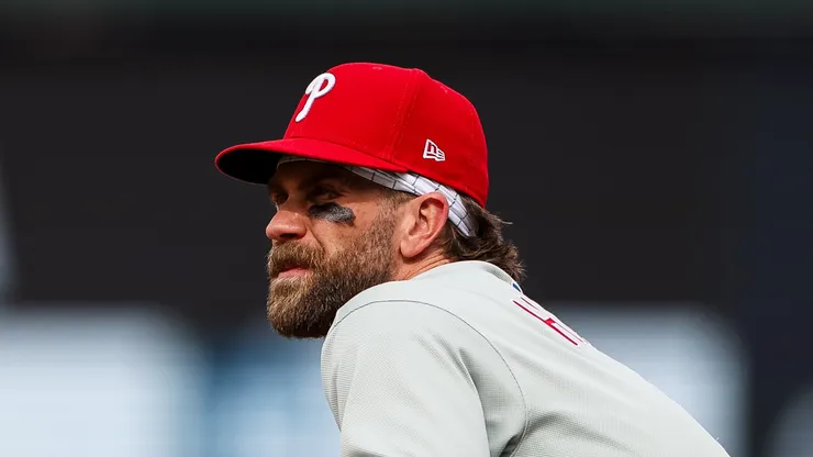 Bryce Harper #3 of the Philadelphia Phillies looks on from the infield during the sixth inning against the Washington Nationals at Nationals Park on March 30, 2025 in Washington, DC.