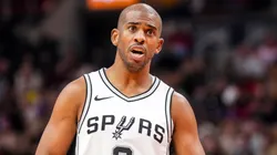 Chris Paul #3 of the San Antonio Spurs looks on against the Toronto Raptors during the first half at Scotiabank Arena on March 23, 2025 in Toronto, Canada.