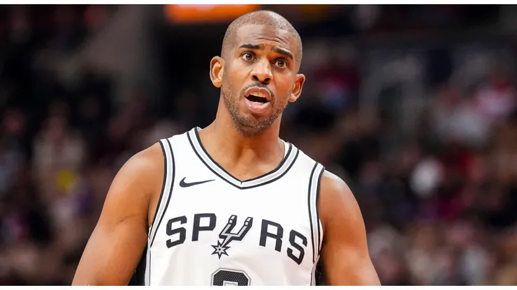 Chris Paul #3 of the San Antonio Spurs looks on against the Toronto Raptors during the first half at Scotiabank Arena on March 23, 2025 in Toronto, Canada.