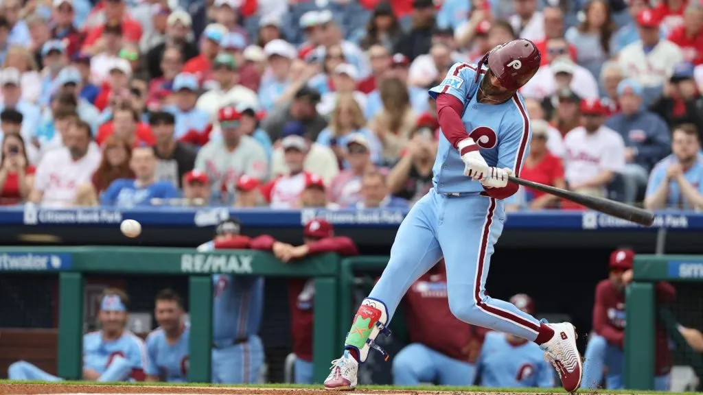 PHILADELPHIA, PENNSYLVANIA – APRIL 3: Bryce Harper #3 of the Philadelphia Phillies swings at a pitch in the first inning during a game against the Colorado Rockies at Citizens Bank Park on April 3, 2025 in Philadelphia, Pennsylvania. The Phillies won 3-1. (Photo by Hunter Martin/Getty Images)