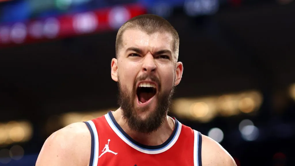 Ivica Zubac #40 of the Los Angeles Clippers reacts after a dunk during the fourth quarter against the Cleveland Cavaliers