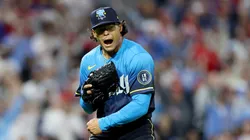 Jesús Luzardo #44 of the Philadelphia Phillies celebrates after a strike out in the 7th inning against the Los Angeles Dodgers at Citizens Bank Park on April 04, 2025 in Philadelphia, Pennsylvania.
