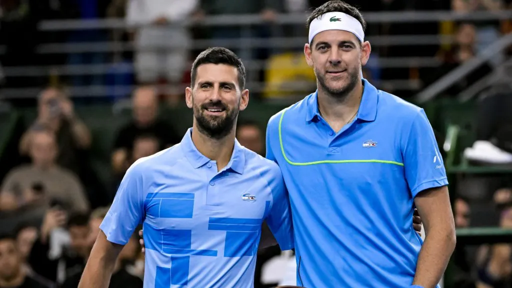 Novak Djokovic (L) of Serbia and Juan Martin Del Potro of Argentina pose for a photo prior to Del Potro’s farewell game. (Marcelo Endelli/Getty Images)