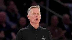 Head coach Steve Kerr of the Golden State Warriors directs his team in the first half against the New York Knicks