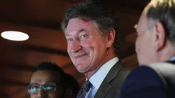 : Wayne Gretzky acknowledges the fans during the game between the Washington Capitals and the Chicago Blackhawks at Capital One Arena on April 04, 2025 in Washington, DC.