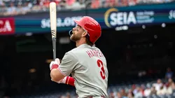 Bryce Harper #3 of the Philadelphia Phillies hits a foul ball against the Washington Nationals in the first inning at Nationals Park on March 29, 2025 in Washington, DC.