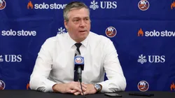 Head coach of the New York Islanders Patrick Roy speak with the media prior to the game against the Winnipeg Jets at UBS Arena on March 04, 2025 in Elmont, New York.