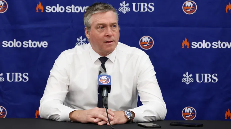 Head coach of the New York Islanders Patrick Roy speak with the media prior to the game against the Winnipeg Jets at UBS Arena on March 04, 2025 in Elmont, New York.