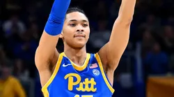 Jaland Lowe #15 of the Pittsburgh Panthers reacts after Blake Hinson #2 of the Pittsburgh Panthers scored his 40th point during the second half against the Louisville Cardinals at Petersen Events Center on February 17, 2024 in Pittsburgh, Pennsylvania. The Pittsburgh Panthers won the game 86-59.