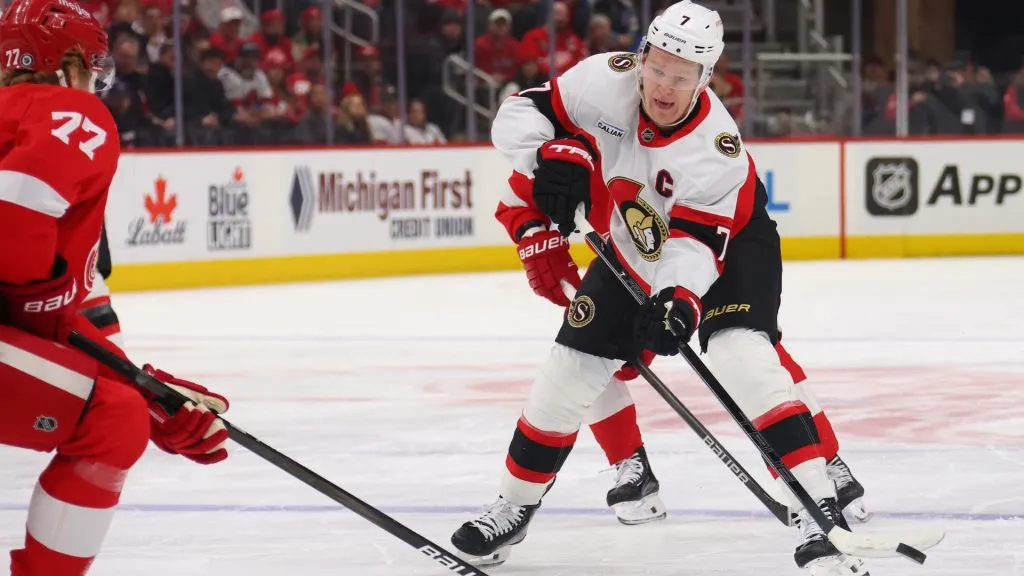 Brady Tkachuk #7 of the Ottawa Senators plays against the Detroit Red Wings at Little Caesars Arena on January 07, 2025 in Detroit, Michigan. (Photo by Gregory Shamus/Getty Images)