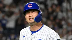 Ian Happ #8 of the Chicago Cubs reacts after lining out in the bottom of the eighth inning during the MLB Tokyo Series game against Los Angeles Dodgers at Tokyo Dome on March 18, 2025 in Tokyo, Japan.