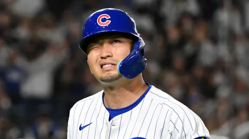 Ian Happ #8 of the Chicago Cubs reacts after lining out in the bottom of the eighth inning during the MLB Tokyo Series game against Los Angeles Dodgers at Tokyo Dome on March 18, 2025 in Tokyo, Japan.
