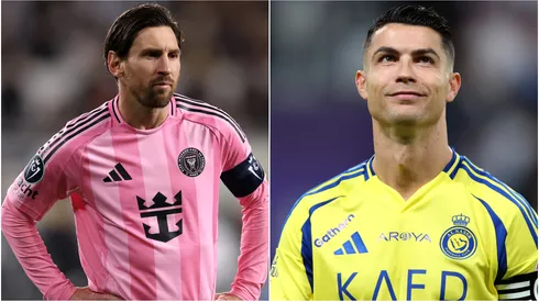 Lionel Messi during a match with Inter Miami and Cristiano Ronaldo reacts during a game with Al Nassr.