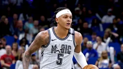 Paolo Banchero #5 of the Orlando Magic brings the ball up court during the first half of the game against the Dallas Mavericks