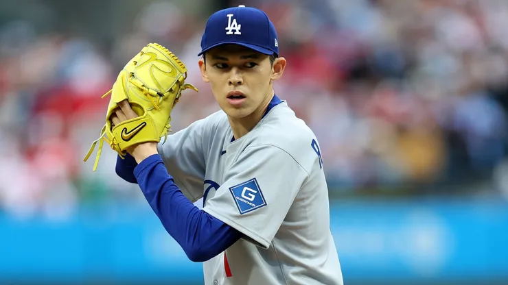 Roki Sasaki #11 of the Los Angeles Dodgers pitches during the first inning against the Philadelphia Phillies at Citizens Bank Park on April 05, 2025 in Philadelphia, Pennsylvania.