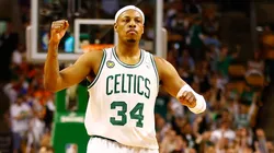 Paul Pierce #34 of the Boston Celtics celebrates after making a shot at the end of the second quarter against the New York Knicks during Game Four of the Eastern Conference Quarterfinals of the 2013 NBA Playoffs on April 28, 2013 at TD Garden in Boston, Massachusetts.