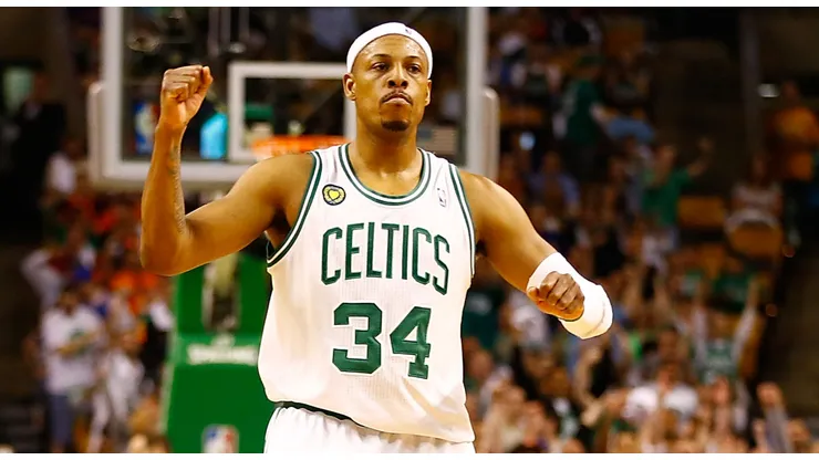 Paul Pierce #34 of the Boston Celtics celebrates after making a shot at the end of the second quarter against the New York Knicks during Game Four of the Eastern Conference Quarterfinals of the 2013 NBA Playoffs on April 28, 2013 at TD Garden in Boston, Massachusetts.