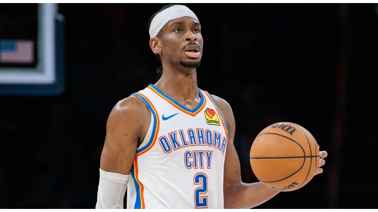 Shai Gilgeous-Alexander #2 of the Oklahoma City Thunder brings the ball up court during the fourth quarter against the Indiana Pacers Paycom Center on March 29, 2025 in Oklahoma City, Oklahoma.