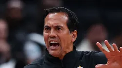 Head coach Erik Spoelstra of the Miami Heat reacts to a play against the Washington Wizards