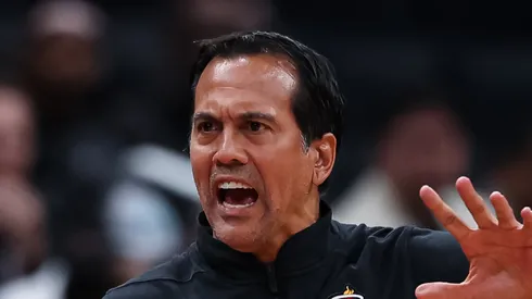 Head coach Erik Spoelstra of the Miami Heat reacts to a play against the Washington Wizards