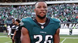 Saquon Barkley #26 of the Philadelphia Eagles looks on after their 20-16 win over the Cleveland Browns at Lincoln Financial Field on October 13, 2024 in Philadelphia, Pennsylvania.