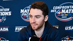Jeremy Swayman #1 of the United States takes questions during media day ahead of the 2025 NHL 4 Nations Face-Off at the Bell Centre on February 11, 2025 in Montreal, Quebec, Canada.