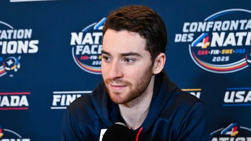 Jeremy Swayman #1 of the United States takes questions during media day ahead of the 2025 NHL 4 Nations Face-Off at the Bell Centre on February 11, 2025 in Montreal, Quebec, Canada.