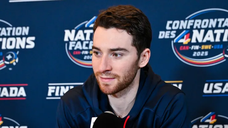 Jeremy Swayman #1 of the United States takes questions during media day ahead of the 2025 NHL 4 Nations Face-Off at the Bell Centre on February 11, 2025 in Montreal, Quebec, Canada.