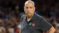 Head Coach Kelvin Sampson of the Houston Cougars reacts during the first half in the Final Four game of the NCAA Men's Basketball Tournament against the Duke Blue Devils at the Alamodome on April 05, 2025 in San Antonio, Texas.