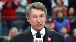 Former NHL player Wayne Gretzky speaks during the celebration after Alex Ovechkin #8 of the Washington Capitals scores his 895th career goal during the second period against the New York Islanders at UBS Arena on April 06, 2025 in Elmont, New York. Ovechkin's goal passes Gretzky's 894 goals to become the NHL all-time goal-scoring leader.