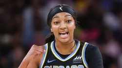 Angel Reese #5 of the Chicago Sky reacts during the first half against the Indiana Fever at Wintrust Arena on August 30, 2024 in Chicago, Illinois.