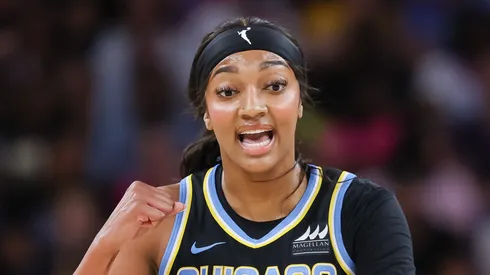 Angel Reese #5 of the Chicago Sky reacts during the first half against the Indiana Fever at Wintrust Arena on August 30, 2024 in Chicago, Illinois.
