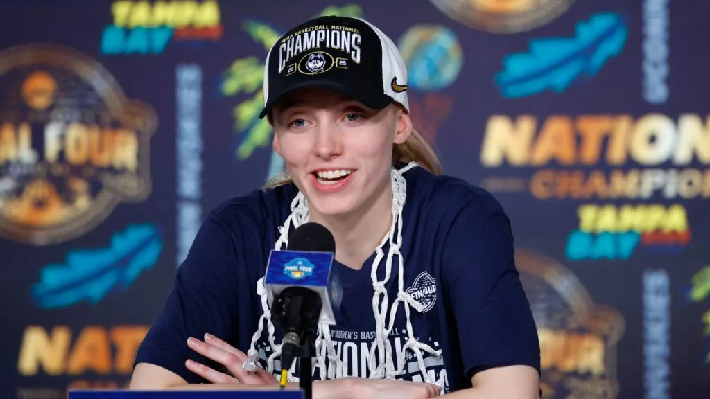 Paige Bueckers #5 of the UConn Huskies speaks to the media during a press conference after beating the South Carolina Gamecocks 82-59 to win the National Championship of the NCAA Women's Basketball Tournament at Amalie Arena on April 06, 2025 in Tampa, Florida.