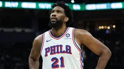 Joel Embiid #21 of the Philadelphia 76ers walks backcourt during a game against the Milwaukee Bucks at Fiserv Forum on February 09, 2025 in Milwaukee, Wisconsin.