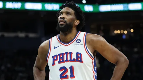 Joel Embiid #21 of the Philadelphia 76ers walks backcourt during a game against the Milwaukee Bucks at Fiserv Forum on February 09, 2025 in Milwaukee, Wisconsin.