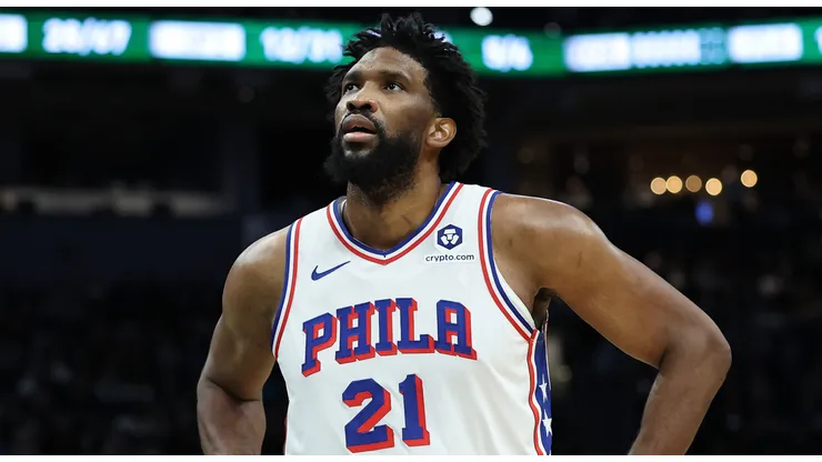 Joel Embiid #21 of the Philadelphia 76ers walks backcourt during a game against the Milwaukee Bucks at Fiserv Forum on February 09, 2025 in Milwaukee, Wisconsin.