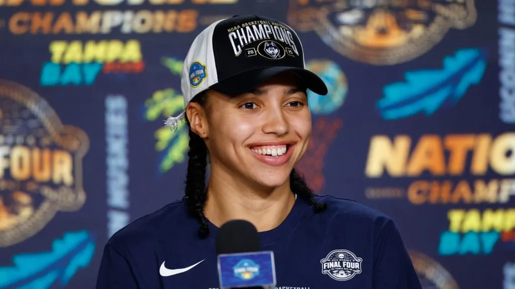 Azzi Fudd #35 of the UConn Huskies speaks to the media during a press conference after beating the South Carolina Gamecocks 82-59 to win the National Championship of the NCAA Women’s Basketball Tournament at Amalie Arena on April 06, 2025 in Tampa, Florida.