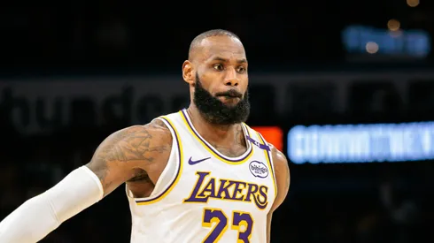 LeBron James #23 of the Los Angeles Lakers brings the ball up court during the third quarter against the Oklahoma City Thunder