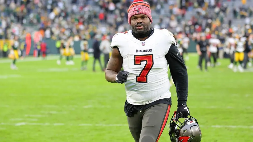 GREEN BAY, WISCONSIN – DECEMBER 17: Shaquil Barrett #7 of the Tampa Bay Buccaneers leaves the field following a game against the Green Bay Packers at Lambeau Field on December 17, 2023 in Green Bay, Wisconsin.  The Buccaneers defeated the Packers 34-20.   (Photo by Stacy Revere/Getty Images)