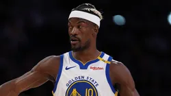 Jimmy Butler III #10 of the Golden State Warriors reacts during the first half of a game at Crypto.com Arena against the Los Angeles Lakers on April 03, 2025 in Los Angeles, California.