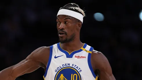 Jimmy Butler III #10 of the Golden State Warriors reacts during the first half of a game at Crypto.com Arena against the Los Angeles Lakers on April 03, 2025 in Los Angeles, California.