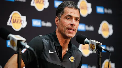 Rob Pelinka discusses the upcoming Los Angeles Lakers' season at UCLA Health Training Center on September 20, 2018.