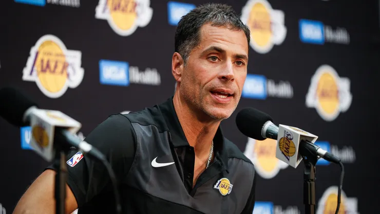 Rob Pelinka discusses the upcoming Los Angeles Lakers' season at UCLA Health Training Center on September 20, 2018.