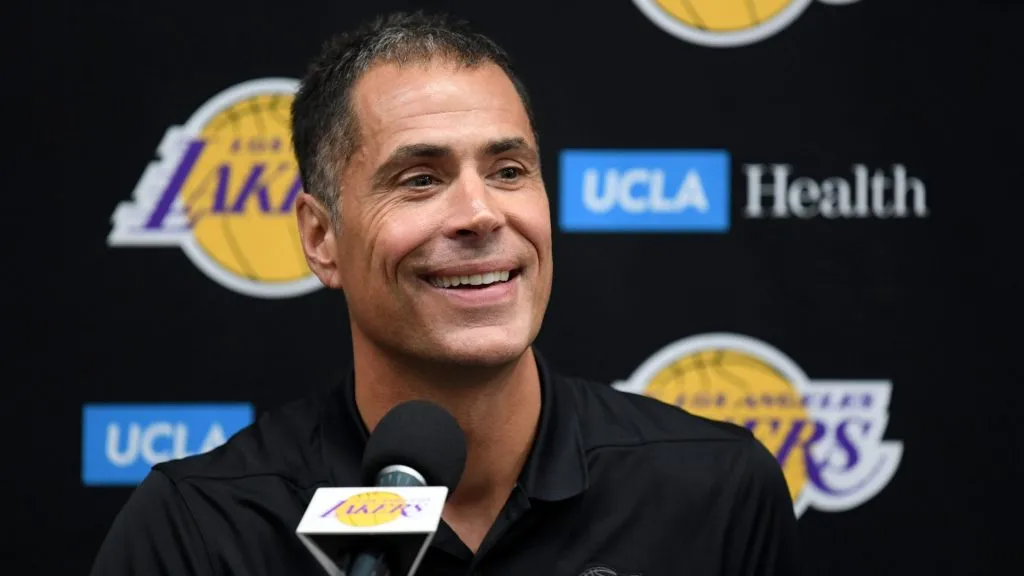 Los Angeles Lakers general manager, Rob Pelinka, smiles as he speaks to the press during Los Angeles Laker media day at UCLA Health Training Center on September 27, 2019. (Source: Harry How/Getty Images)