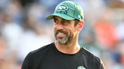 Aaron Rodgers #8 of the New York Jets looks on prior to the 2023 Pro Hall of Fame Game against the Cleveland Browns at Tom Benson Hall Of Fame Stadium on August 3, 2023 in Canton, Ohio.