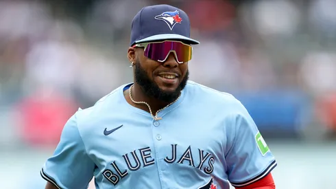 Vladimir Guerrero Jr. is introduced before the home opener on April 04, 2025 in New York City.